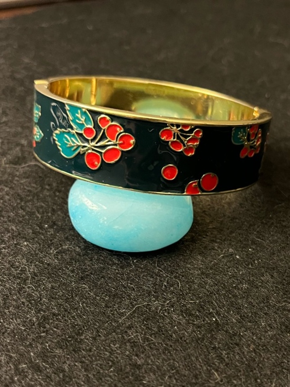Talbots Gold-Tone Black Enamel Clasp Bangle with Red Cherry Motif
